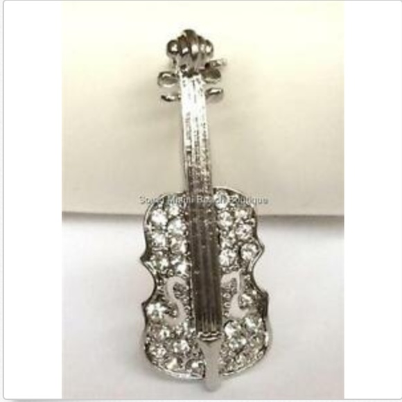Silver Crystal Violin Pin Brooch Fiddle Music - Picture 3 of 8